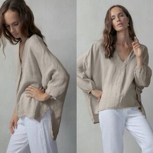 Luxmii womens 100% linen Pallocino boxy top beige oatmeal size M/L